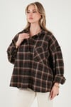 Lela Ekoseli Pamuklu Oversize Fit Klasik Yaka Bayan Gömlek 6835002 KAHVE