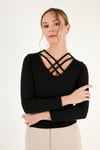 Lela Ekstra Slim Fit Yaka Detaylı Bayan Bluz 5865583 SİYAH
