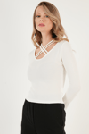 Lela Ekstra Slim Fit Yaka Detaylı Bayan Bluz 5865583 EKRU