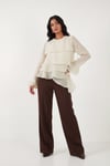 Lela Fırfırlı Relaxed Fit Uzun Kollu Yuvarlak Kadın Bluz 6835049 TAŞ