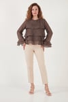 Lela Fırfırlı Relaxed Fit Uzun Kollu Yuvarlak Kadın Bluz 6835049 KAHVE