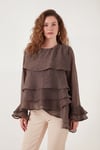 Lela Fırfırlı Relaxed Fit Uzun Kollu Yuvarlak Kadın Bluz 6835049 KAHVE