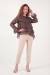Lela Fırfırlı Relaxed Fit Uzun Kollu Yuvarlak Kadın Bluz 6835049 KAHVE