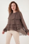 Lela Fırfırlı Relaxed Fit Uzun Kollu Yuvarlak Kadın Bluz 6835049 KAHVE