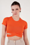 Lela Fitilli Bel Detaylı Kısa Kollu Dar Kesim Crop Bayan Bluz 5864211 ORANJ