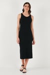 Lela Fitilli Slim Fit Bisiklet Yaka Yırtmaçlı Midi Boy Kadın Elbise 5866101 SİYAH