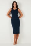 Lela Fitilli Slim Fit Bisiklet Yaka Yırtmaçlı Midi Boy Kadın Elbise 5866101 LACİVERT