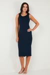 Lela Fitilli Slim Fit Bisiklet Yaka Yırtmaçlı Midi Boy Kadın Elbise 5866101 LACİVERT