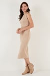 Lela Fitted-Vücuda Oturan Yırtmaçlı Dokuma Süet Midi Bayan Elbise 61100321 VİZON