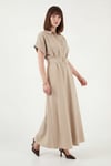 Lela Gömlek Yaka Kemerli Maxi Boy Kadın Elbise 6922376 VİZON
