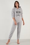 Lela Kapüşonlu Elastik Bantlı Peluş Bayan Pijama Takımı 6094130 GRİ