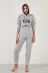 Lela Kapüşonlu Elastik Bantlı Peluş Bayan Pijama Takımı 6094130 GRİ