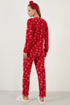 Lela Kar Tanesi Desenli Beli Lastikli Saç Bantlı Peluş Bayan Pijama Takımı 609412013 KIRMIZI