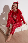 Lela Kar Tanesi Desenli Beli Lastikli Saç Bantlı Peluş Bayan Pijama Takımı 609412013 KIRMIZI