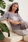 Lela Kar Tanesi Desenli Beli Lastikli Saç Bantlı Peluş Bayan Pijama Takımı 609412013 GRİ