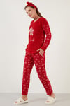 Lela Kar Tanesi Desenli Beli Lastikli Saç Bantlı Peluş Bayan Pijama Takımı 609412013 KIRMIZI