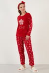 Lela Kar Tanesi Desenli Beli Lastikli Saç Bantlı Peluş Bayan Pijama Takımı 609412013 KIRMIZI