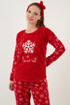 Lela Kar Tanesi Desenli Beli Lastikli Saç Bantlı Peluş Bayan Pijama Takımı 609412013 KIRMIZI