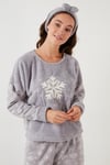 Lela Kar Tanesi Desenli Beli Lastikli Saç Bantlı Peluş Bayan Pijama Takımı 609412013 GRİ