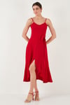 Lela Kemer ve Düğme Detaylı Volanlı Regular Fit Midi Boy Bayan Elbise 67810145 KIRMIZI