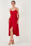 Lela Kemer ve Düğme Detaylı Volanlı Regular Fit Midi Boy Bayan Elbise 67810145 KIRMIZI