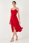 Lela Kemer ve Düğme Detaylı Volanlı Regular Fit Midi Boy Bayan Elbise 67810145 KIRMIZI