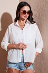 Lela Keten ve Pamuk Karışımlı Regular Fit Önü Kısa Arkası Uzun Bayan Gömlek 6772853 EKRU