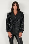 Lela Krokodil Oversize Fit Kruvaze Yaka Kemer Detaylı Bayan Deri Ceket 6839632 SİYAH