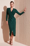 Lela Kruvaze Yaka Yırtmaçlı Drape Detaylı Midi Abiye Bayan Elbise 611EL1769 ZÜMRÜT