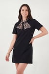 Lela Leopar Desenli Fular Yaka Mini Boy Kısa Kol Kadın Elbise 6525704 SİYAH