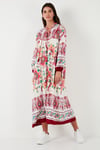 Lela Modest Desenli Regular Fit Bağlamalı V Yaka Maxi Bayan Elbise 611EL510 BORDO
