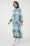 Lela Modest Desenli Regular Fit Bağlamalı V Yaka Maxi Bayan Elbise 611EL510 YEŞİL