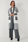 Lela Modest Regular Fit Renk Bloklu Uzun Tesettür Triko Bayan Hırka 4616172 KOYU GRİ
