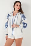 Lela Nakışlı Oversize Fit Pamuklu V Yaka Bayan Gömlek 676242 EKRU