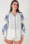 Lela Nakışlı Oversize Fit Pamuklu V Yaka Bayan Gömlek 676242 EKRU