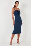 Lela Önü Büzgülü İp Askılı Yırtmaçlı Fitted Midi Kadın Elbise 5865362 İNDİGO
