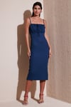 Lela Önü Büzgülü İp Askılı Yırtmaçlı Fitted Midi Kadın Elbise 5865362 İNDİGO