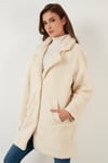 Lela Oversize Astarlı Cepli Peluş Teddy Bayan Kaban 497TEDDY EKRU
