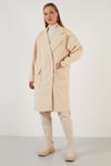 Lela Oversize Çift Düğmeli Kruvaze Yaka Uzun Bayan Kaban 6230043 TAŞ