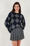 Lela Oversize Fit Bisiklet Yaka Baklava Desenli Bayan Kazak 4615579 LACİVERT