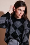 Lela Oversize Fit Bisiklet Yaka Baklava Desenli Bayan Kazak 4615579 SİYAH