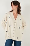 Lela Oversize Fit Desenli V Yaka Triko Bayan Hırka 4616193 Krem-Saks