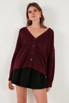 Lela Oversize Fit Düğmeli V Yaka Uzun Kollu Triko Bayan Hırka 4616232 BORDO