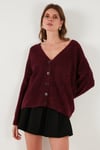 Lela Oversize Fit Düğmeli V Yaka Uzun Kollu Triko Bayan Hırka 4616232 BORDO