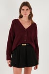 Lela Oversize Fit Düğmeli V Yaka Uzun Kollu Triko Bayan Hırka 4616232 BORDO