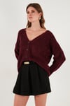 Lela Oversize Fit Düğmeli V Yaka Uzun Kollu Triko Bayan Hırka 4616232 BORDO