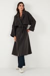 Lela Oversize Fit Kruvaze Yaka Düğmeli Kemerli Uzun Bayan Trençkot 6839476 KOYU KAHVE