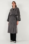 Lela Oversize Fit Kruvaze Yaka Düğmeli Kemerli Uzun Bayan Trençkot 6839476 ANTRASİT