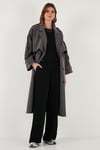 Lela Oversize Fit Kruvaze Yaka Düğmeli Kemerli Uzun Bayan Trençkot 6839476 ANTRASİT