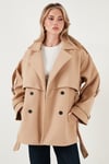 Lela Oversize Fit Kruvaze Yaka Kuşaklı Kaşe Bayan Kaban 6839669 CAMEL